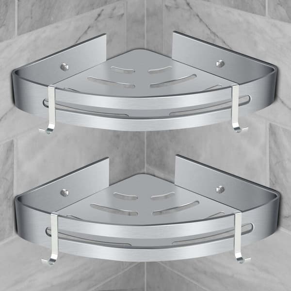No Drill Corner Shower Shelf Airplane Aluminum with 2 Hooks for Shower Self-Adhesive Rustproof Holder for Bathroom It-FA-