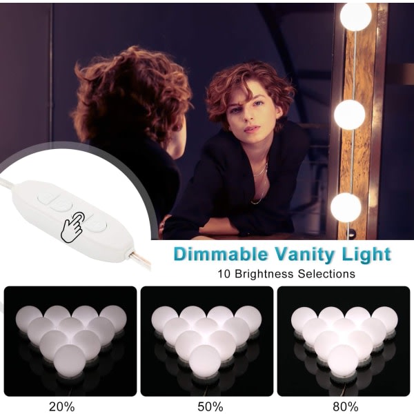 Speilbelysning, 10 Hollywood-pærer Dimmer LED-lyssett Lampe - USB sminkebelysning 3 farger 10 lysstyrkenivåer [Oppdatert versjon]