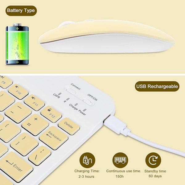 Langaton näppäimistö ja hiiri - Ladattava ohut Bluetooth-näppäimistö ja hiiri -setti, hiljainen Bluetooth-hiiri, langaton näppäimistö yhteensopiva YELLOW