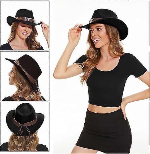 Klassisk cowboyhat til mænd, bredskygget cowboyhat til kvinder, western cowboy-stil hat-FA- Black