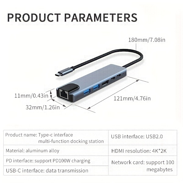 Kannettava tyypin C -keskitin, moniporttisovitin HDMI-, USB-, PD-, TYPE C-, RJ45 Ethernet -porteilla, 6-in-1 USB C -telakka Dell