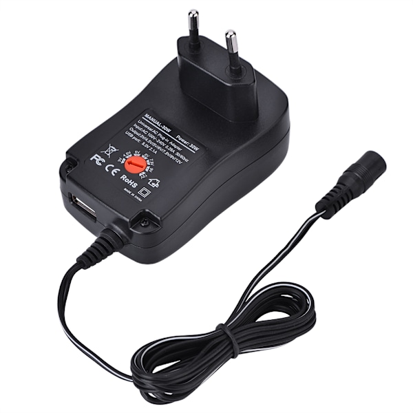 Universal AC/DC-strømforsyning 5V 2.1A USB-port 6 stik 30W 3V/4.5V/5V/6V/7.5V/9V/12V EU