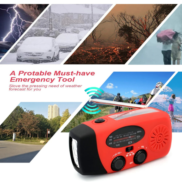 2000mAh vevradio med solceller, ficklampa och powerbank red