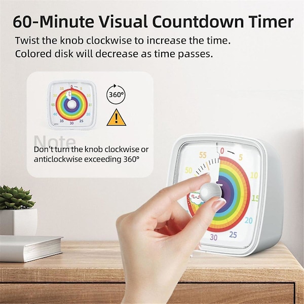 60-Minutters Visuell Timer med Nattlys, Nedtelling, Pomodoro-Timer med Regnbue-Mønster for Barn og VoksneBY White