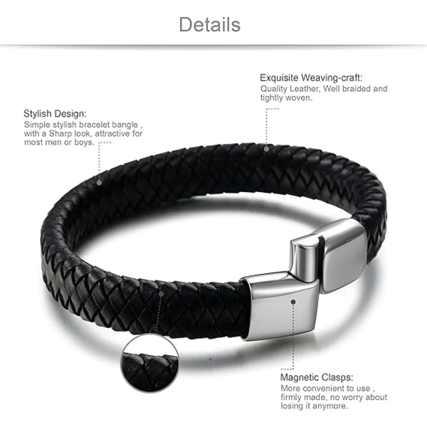 Flettet læderarmbånd til mænd, trendy uden stålspænde. 1 stk, sort