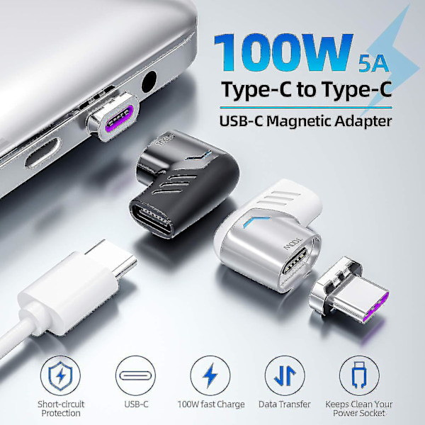 Magneettinen USB C -sovitin (2 kpl) Tyypin C -liitin Oikean kulman tuki USB Pd 100w Pikalataus 480mb/s Tiedonsiirto Yhteensopiva Usb-c-matkapuhelimen kanssa