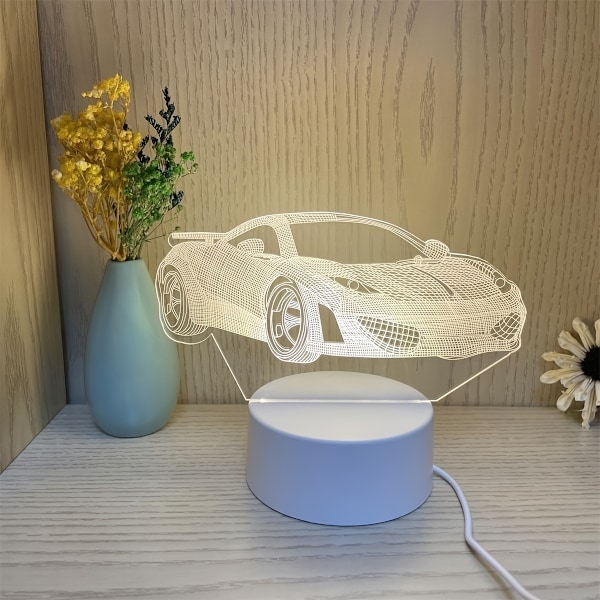 1 Set 3D Tredimensionell Nattlampa, Bil Sänglampa, Akrylplatta Bordslampa, LED Varmvit