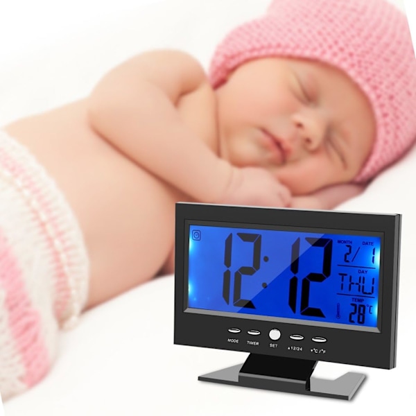 Stor LCD-skärm Digitalt ljudsensor skrivbordslarm (svart)