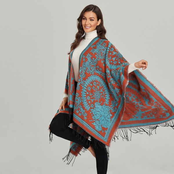 Fransad Fåll Pashmina Sjal Wrap Vinter Varm Etnisk Stil Poncho Åpen Front Cape for Dame