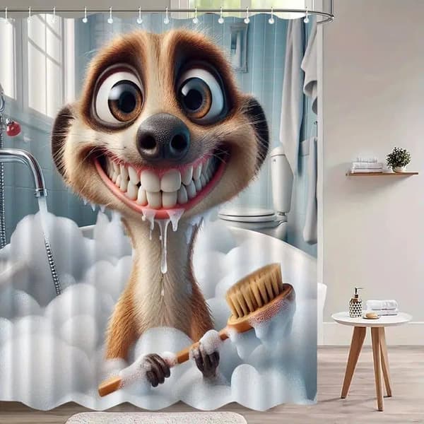 Playful Meerkat Shower Curtain, Bathroom Curtain with Hooks, Machine Washable Polyester-FA- 90x180cm