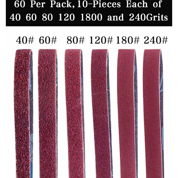 60 stk. slibebånd 13 x 457 mm, sæt (10 x korn 40/60/80/120/180/240 hver)