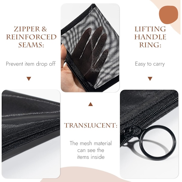 4 stycken Mini dragkedja Toalettväska Organiseringspåse i mesh, svart nylon Vattentät liten handväska Kosmetik