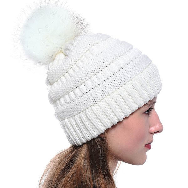 Mote retro hodeplagg kvinnelig ensfarget ullkule strikket lue white