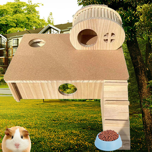 Trehus med stige for hamster, slitesterk hamsterplattform med gjemmested for små dyr chinchilla kanin-XF7-