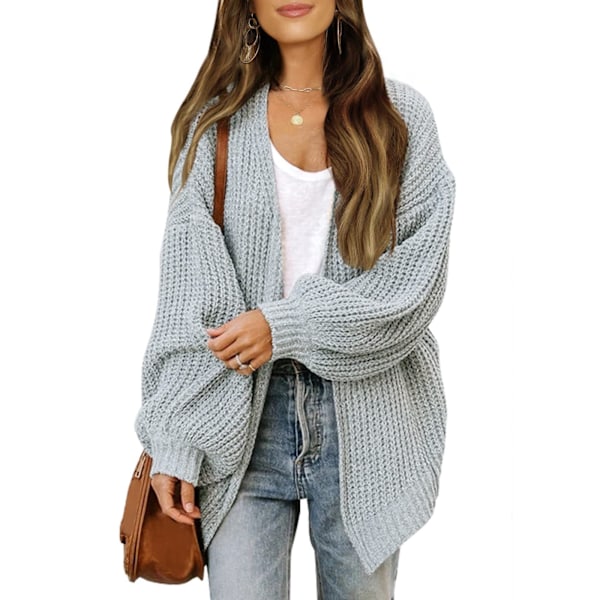 Dametrøje efterår/vinter ballonærmer Damejakke Mode Chunky uldlommer Casual Strikket Cardigan grå grey S