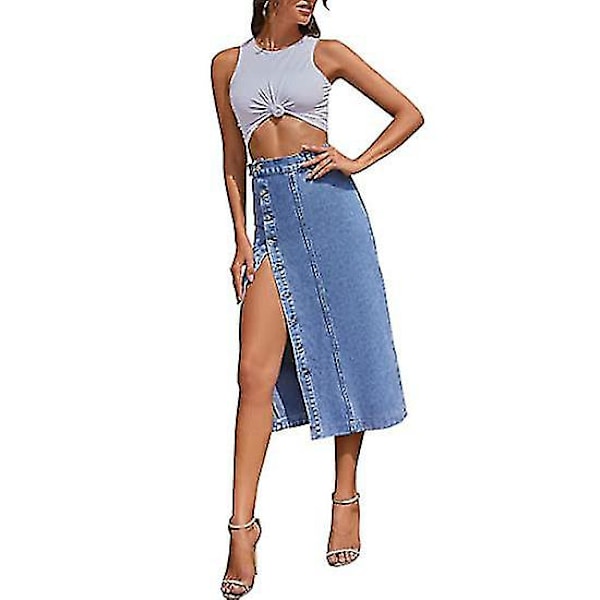 Kvinners Casual Høy Midje Solid Knapp-Opp Denim Jeanskjørtet Lys Blå S Light blue