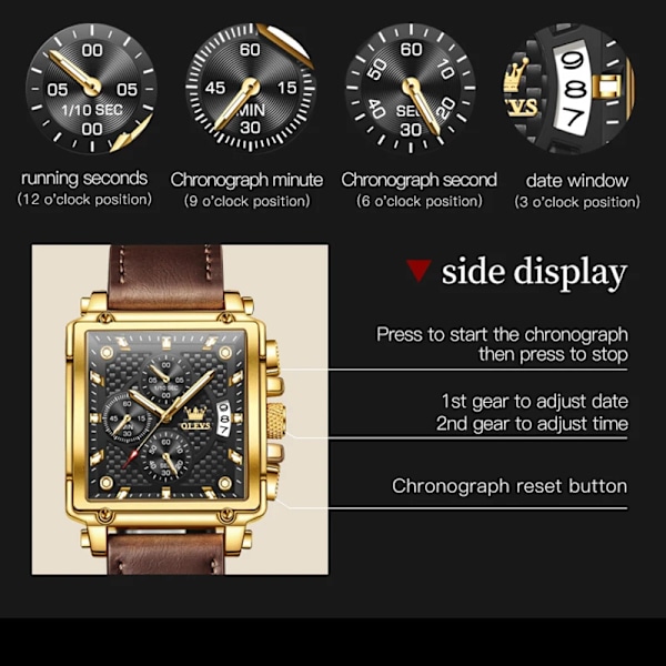 Olevs Toppmärken Ny fyrkantig ur Multifunktionskronograf læderrem Vandtæt Mode Business Armbåndsur til mænd black gold brown