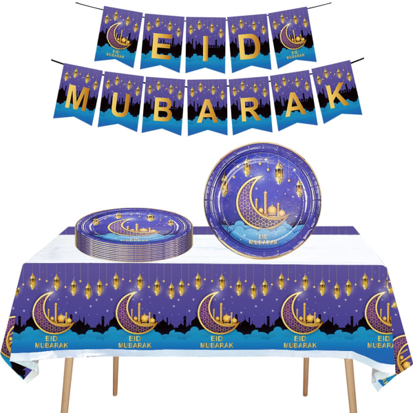 Eid Mubarak Party Kit, Banner Disposable Plate Table Cover Kit