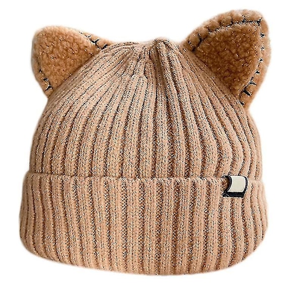 Søt Kawaii Katteøre Lue Ensfarget Varm Ull Strikket Lue Høst Vinter Beanies Khaki