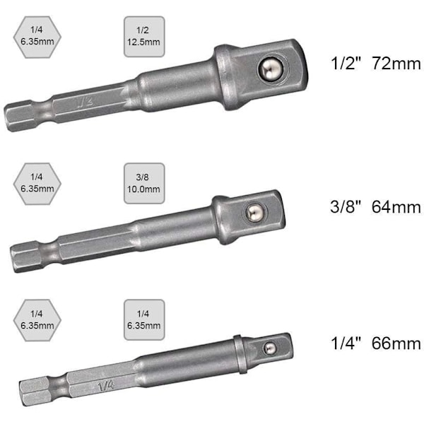 Ny adapter for hylsesett, 3-delt mutternykkelsett for 1/2\" 3/8\" 1/4\" spärrnøkkel, KoleZy