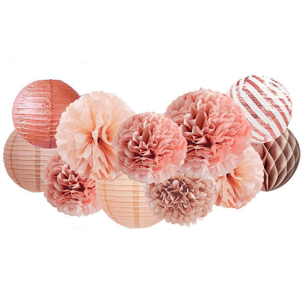 Dammiga rosa hängande pappersblommor Pom Poms Set för bröllop och andra speciella tillfällen