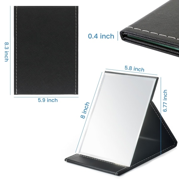 21x15 cm Bærbar sammenklappelig spejl, Super HD kompakt makeup spejl, Sort PU læder rejsespejl, Fritstående makeup spejle