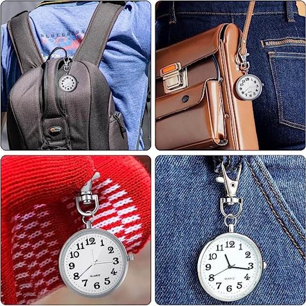Pakke med Sølv Quartz Lommeur med Nøgle Spænde, Rundt Lommeur, Nøglering, Bærbart Unisex Ur til Børn, Mænd, Sygeplejersker, Kvinder