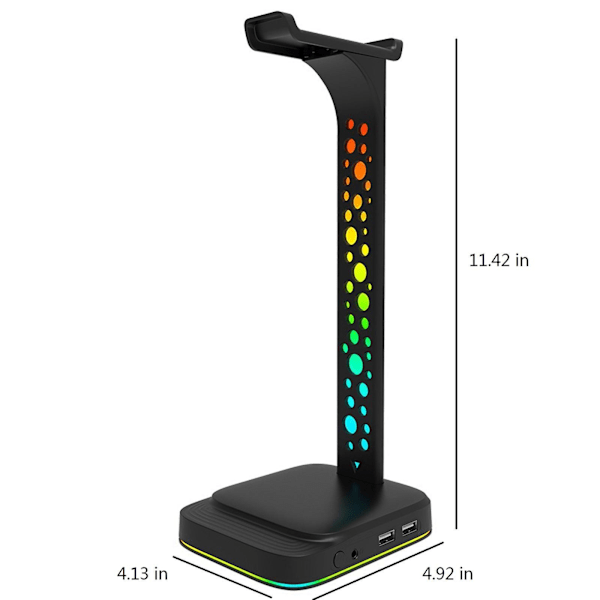 RGB-spillhodetelefonstativ, hodetelefonstativ med 3,5 mm AUX og 2 USB-ladeplasser, skrivebordsspillhodetelefonholder med gummi-base