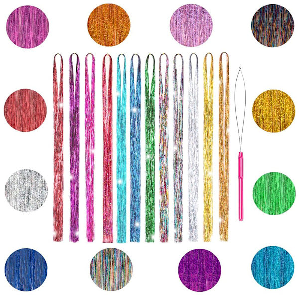 Glitter Tinselhår Extensions med Verktyg 12 Färger