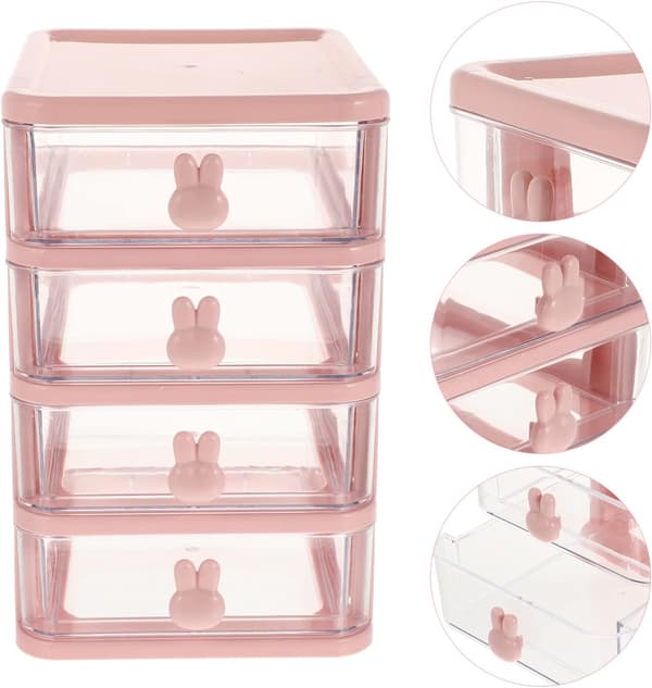 Plastic Storage Box, 21X17cm 4 Layers Multifunctional Desktop Storage Cabinet Storage Container with Drawers Mini Drawer Organizer for Home, Office-FA- Pink