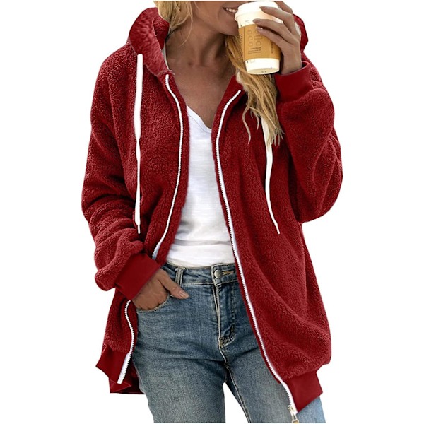 Dames Vinter Fuzzy Fleece Jakke Med Lynlås Lomme Løstsiddende Jakke Dames Tøj Teddy Fleece Jakke Langærmet Vinterjakke Yderbeklædning Streetwear X19 Vinrød L X19 Wine
