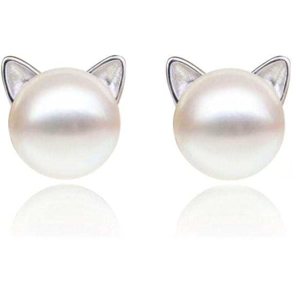 Cat Earrings Pearl Earrings Sterling Silver Studs Earrings