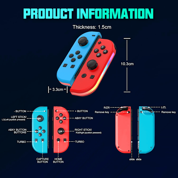 Trådløs håndkontrol kompatibel med Nintendo Switch, Oled, Lite Gamepad Joystick (l/r) Udskiftning med Rgb højre blue+red