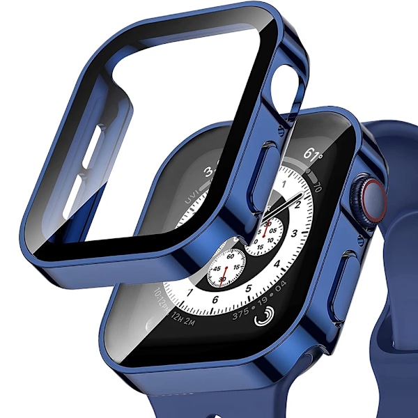 Vanntett etui for Apple Watch 7 8 9 45mm 41mm skjermbeskytter Glass + deksel Bumper Herdet glass iWatch 5 SE 6 44mm 40mm Tilbehør Blå Blu Blue Series 7 8 9 41mm