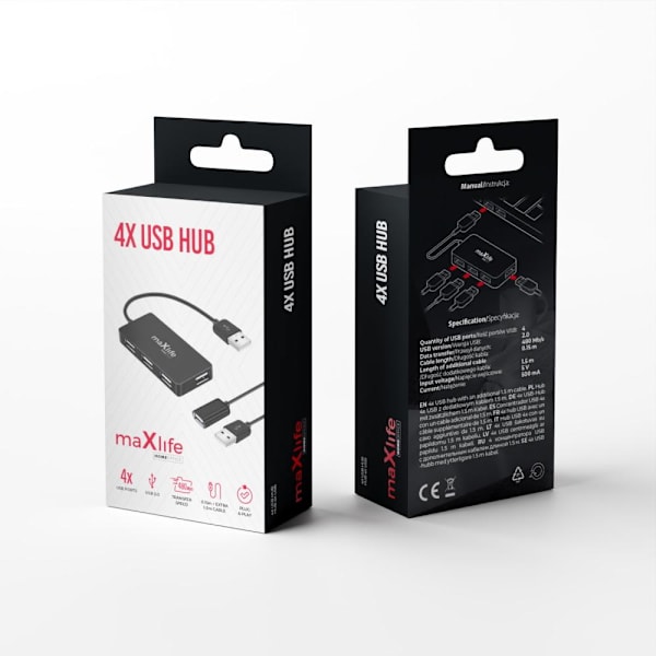 Maxlife Home Office USB 2.0-hub USB - 4x USB 0,15 m + kabel 1,5 m, Sort 100