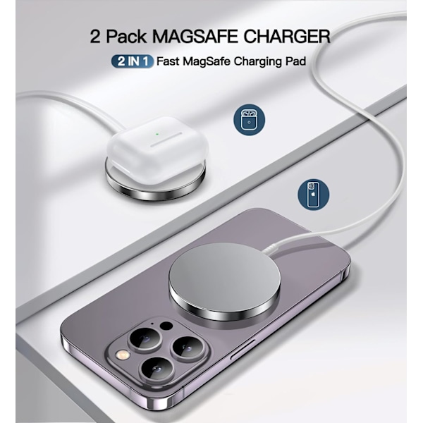 15W Magnetisk Trådløs Lader for iPhone 15/14/13/12 Serien | Rask ladeplate for AirPods 3/2/ Pro 2 | Original Mag-Safe Erstatning