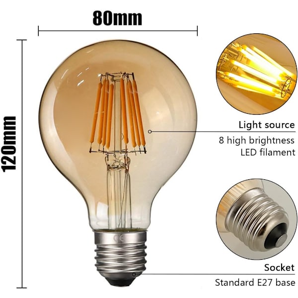 2 st LED Edison Ljuspärla E27, Retro Ljuspärla 8W Dimbar