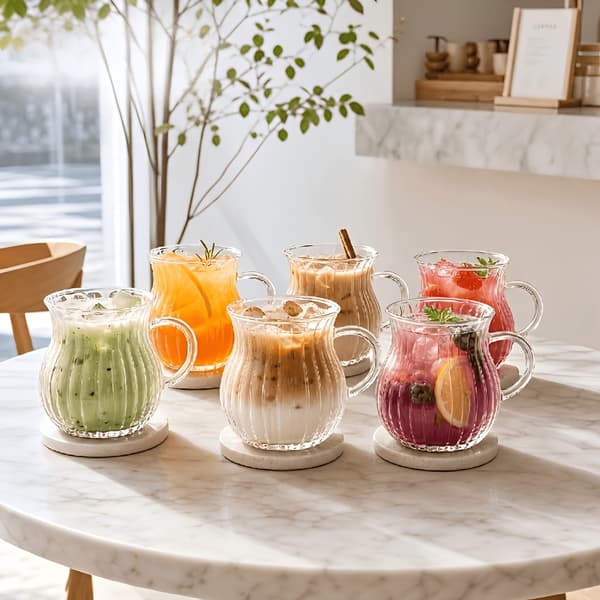 Rillede borosilikatglasskopper med håndtak for kaffe, te, melk, juice 6pcs