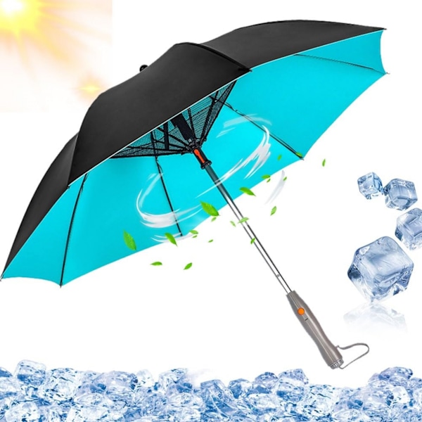 UV-suojattu sateenvarjo tuulettimella, 3-in-1 sateenvarjo tuulettimella ja sumuttimella, aurinkovarjo, USB-ladattava, hiekalle, matkoille Blue