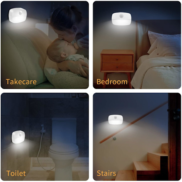 Led natlampe, 2-pak bevægelsessensorlamper indendørs, stik på natlampe med batteridrevet, natlampe til børn i soveværelset, automatisk ON/OFF, hvid