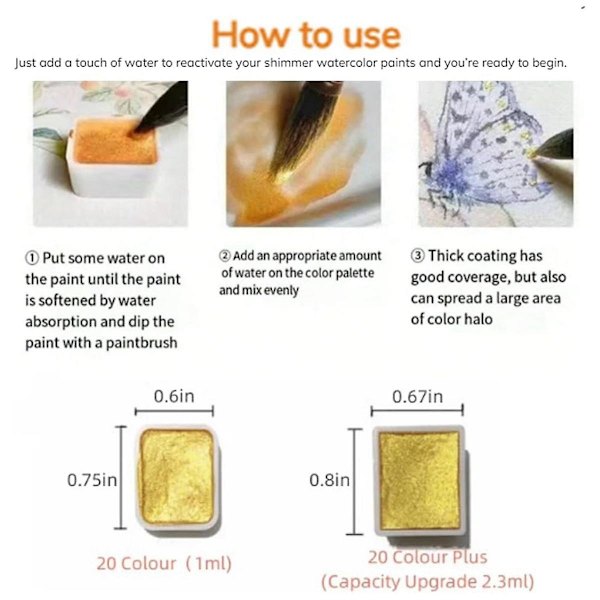 20 Farver Vandfarve Sæt, Metallic Vandfarve Sæt, Glitter Vandfarve Solid Paint Box, (1ML-A)