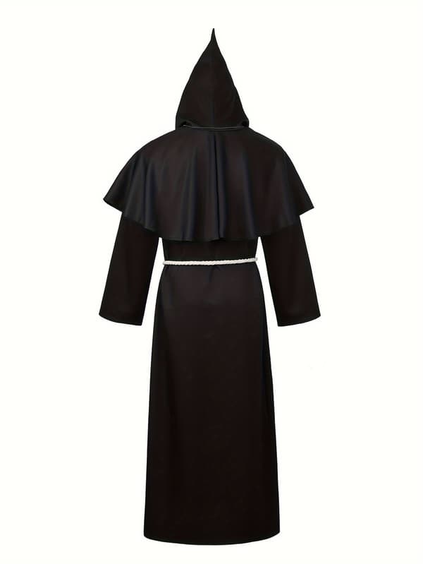 Hætteklædt middelalderlig præstekappe til mænd med bælte, 100% polyester M Black