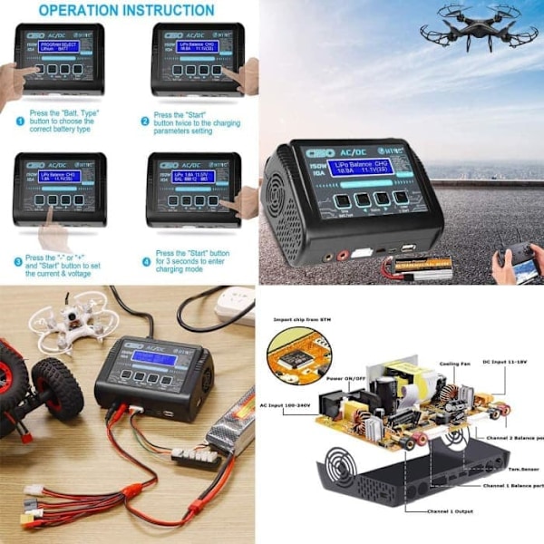 HTRC RC LiPo-lader 150W 10A 1-6S AC/DC C150 for NiCd Li-Ion Life NiMH LiHV PB Smart-batteri (svart)