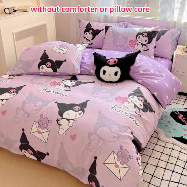 Sanrio Kuromi 4-delt sengetøj - Blødt & Holdbart, Inkluderer Dynebetræk, Lakener og 2 Pudebetræk - Sød Tegneserieprint til Soveværelse{db}(180X220) Kuormi