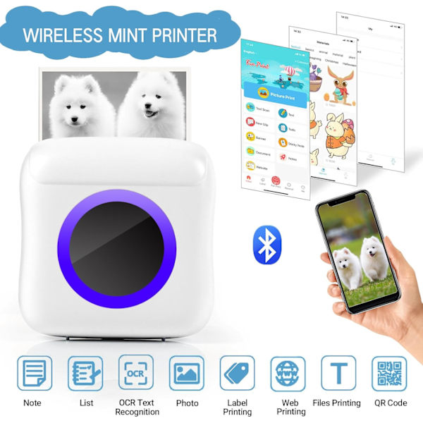 Mini Trådløs Direkteudskrifts Fotoprinter, Bærbar Termisk BT-printer med Syv Farvede LED C