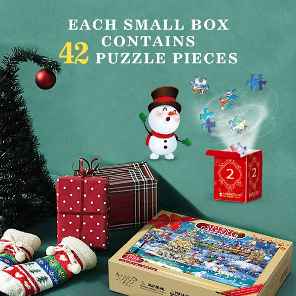 Adventskalender 2023 pussel, 1008 pusselbitar 24 dagars julnedräkning adventskalendrar, julklappsidé för barn V Christmas puzzle blind box
