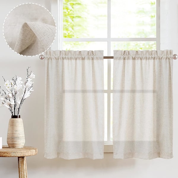 Beige kjøkkengardiner i lin – Kafégardiner i bondestil (2 paneler)