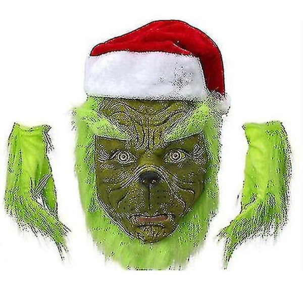 Grinch-asu Joulupukki Cosplay Aikuisten Tomte-asu Asut + Maski 7 osaa täydellinen asukokonaisuus 7PCS full set of clothes 2XL