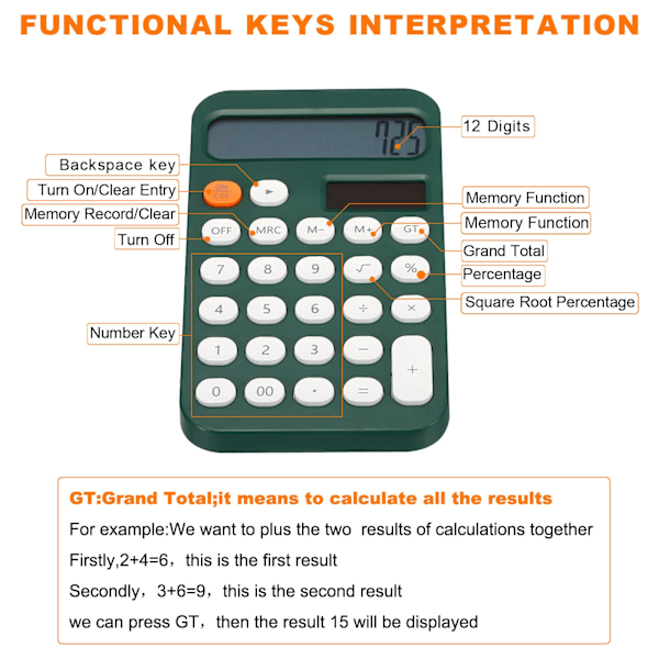 Skrivebordsregnemaskin, 12-sifret stor LCD-skjerm Standardfunksjon Skrivebordsregnemaskin Bærbar søt regnemaskin for hjemmekontor, Grønn Green