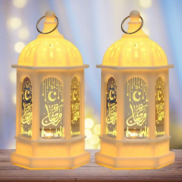 LED Eid Mubarak Lykt, Batteridrevet Vintage Ramadan Dekorasjon (Hvit, 2 stk)-FA- 2 pcs white